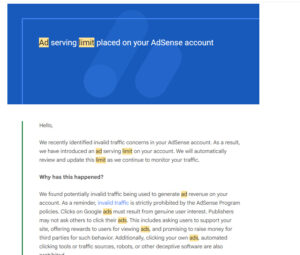 Screenshot of email 'Ad serving limit' placed on my AdSense account