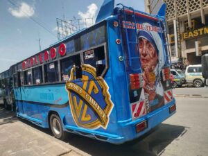 Zuri Bus with Mother Teresa Graffiti