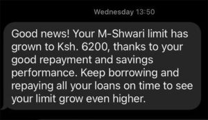 Message i was sent by Mshwari after my loan was increased to Ksh 6,200